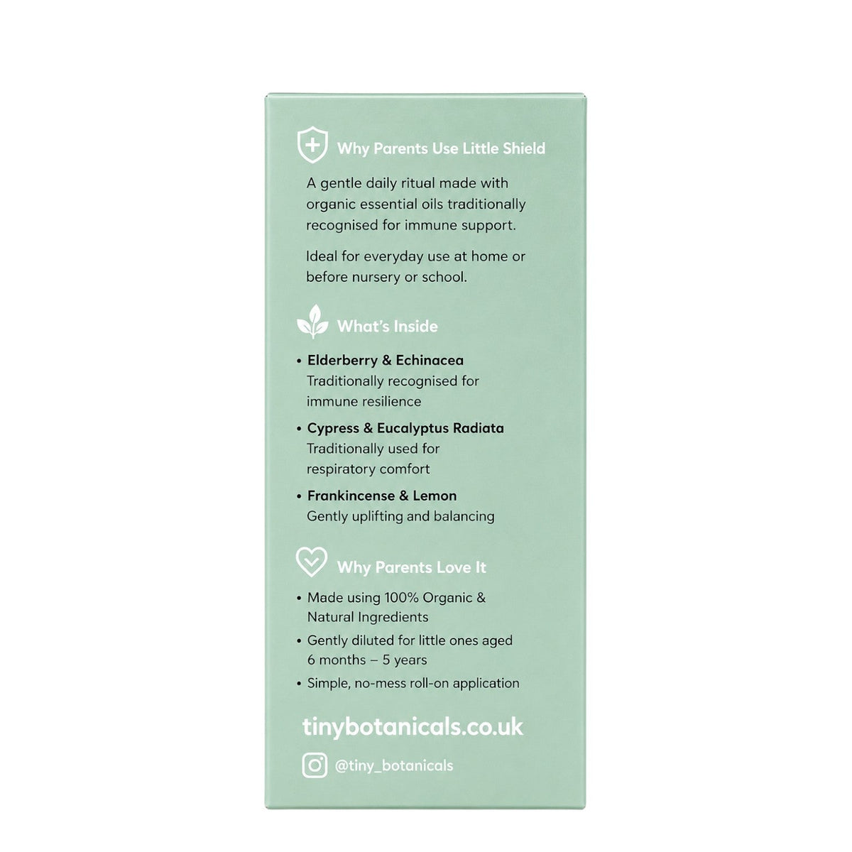 Tiny Botanicals Little Shield wellness roll-on packaging back label with ingredient and usage information