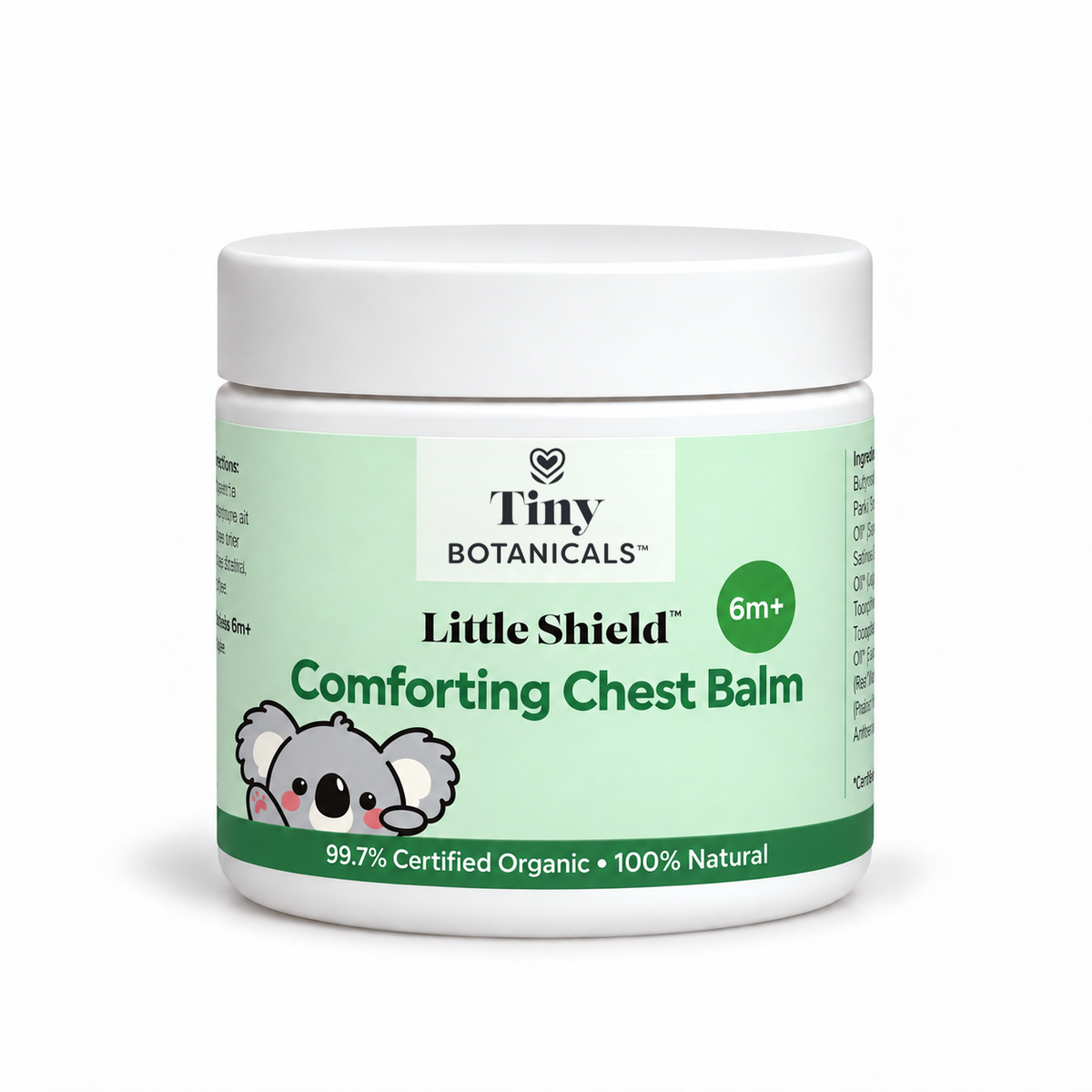 Little Shield Comforting Chest Balm 40ml, with original Tiny Botanicals logo, 6m+ badge and 99.7% Certified Organic label