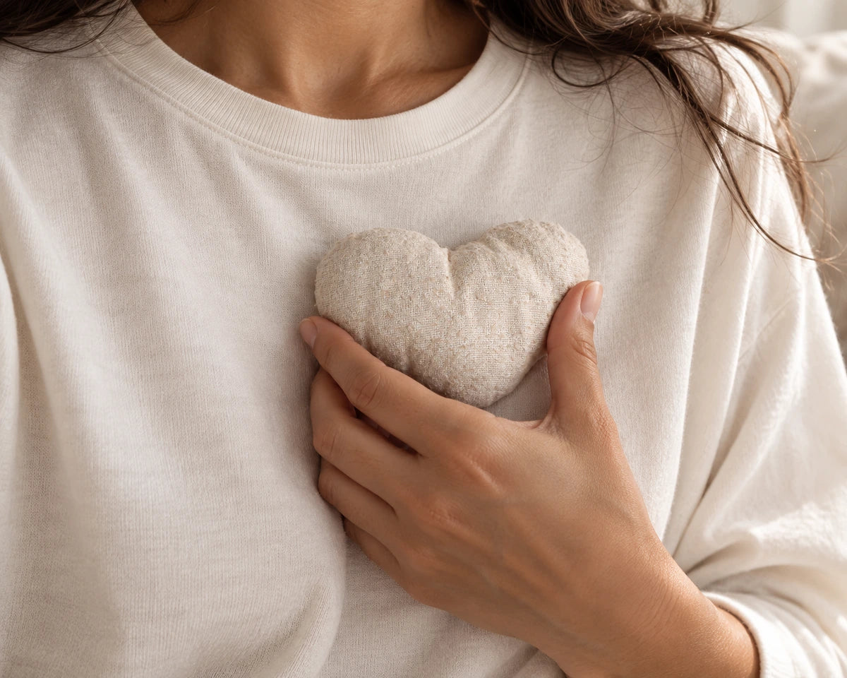 Illustrative scene of a mother holding the removable linen heart close to her chest